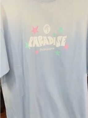 Palm Angels Light Blue 'Paradise' Graphic Tee with Neon Stars
